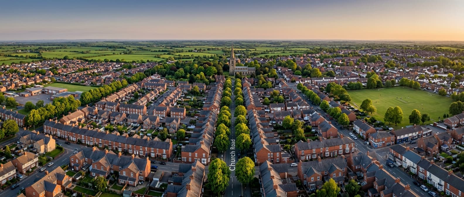 Aerial view of an English Midlands town at golden hour