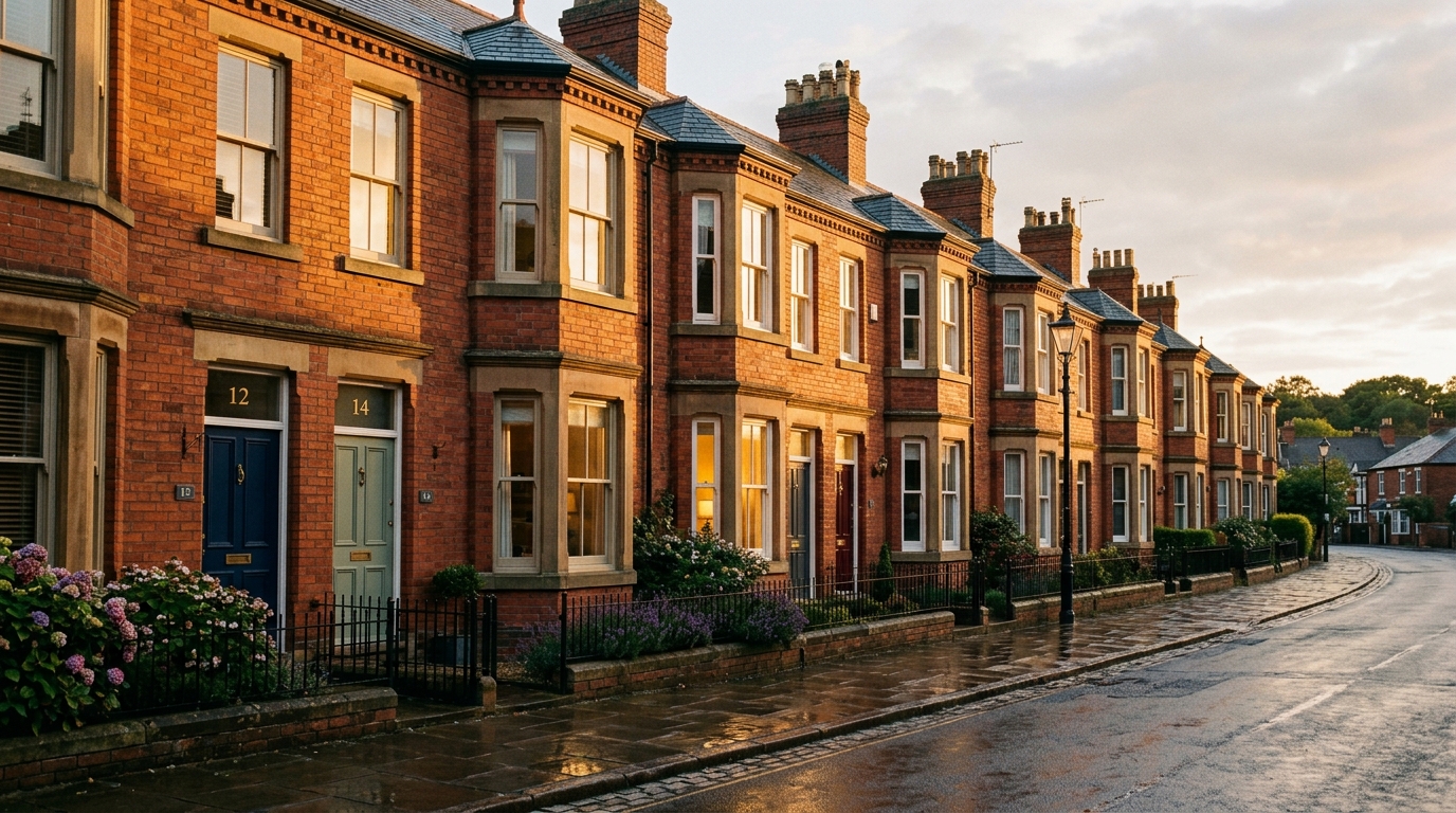A row of red-brick Victorian terraced houses on an English street at golden hour